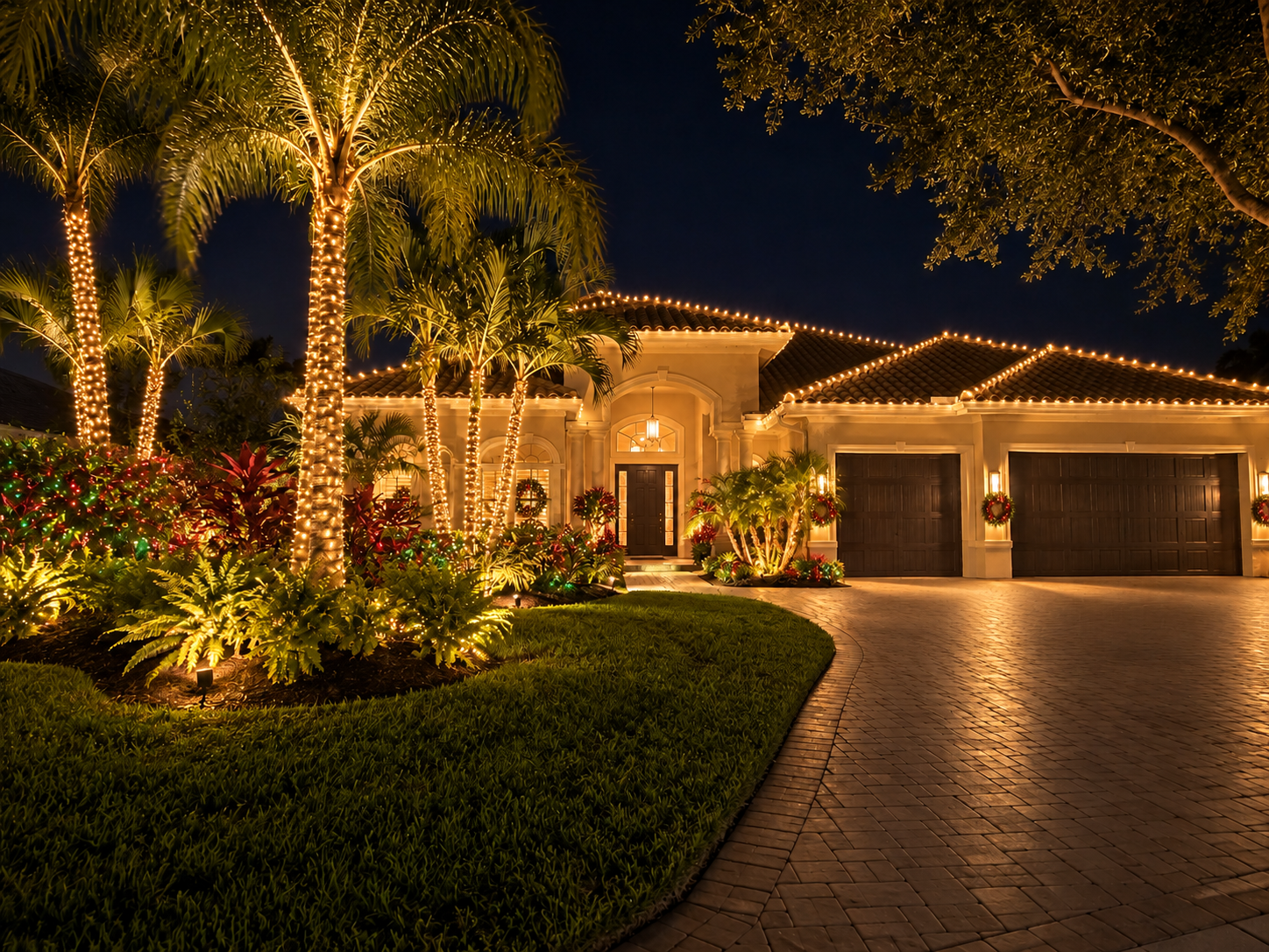 Home with palm trees before and after Christmas light installation