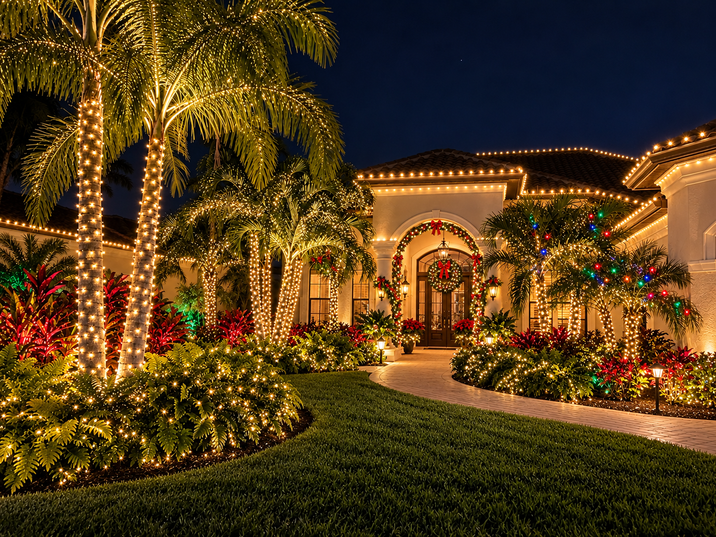 Entryway and palms before and after Christmas lighting